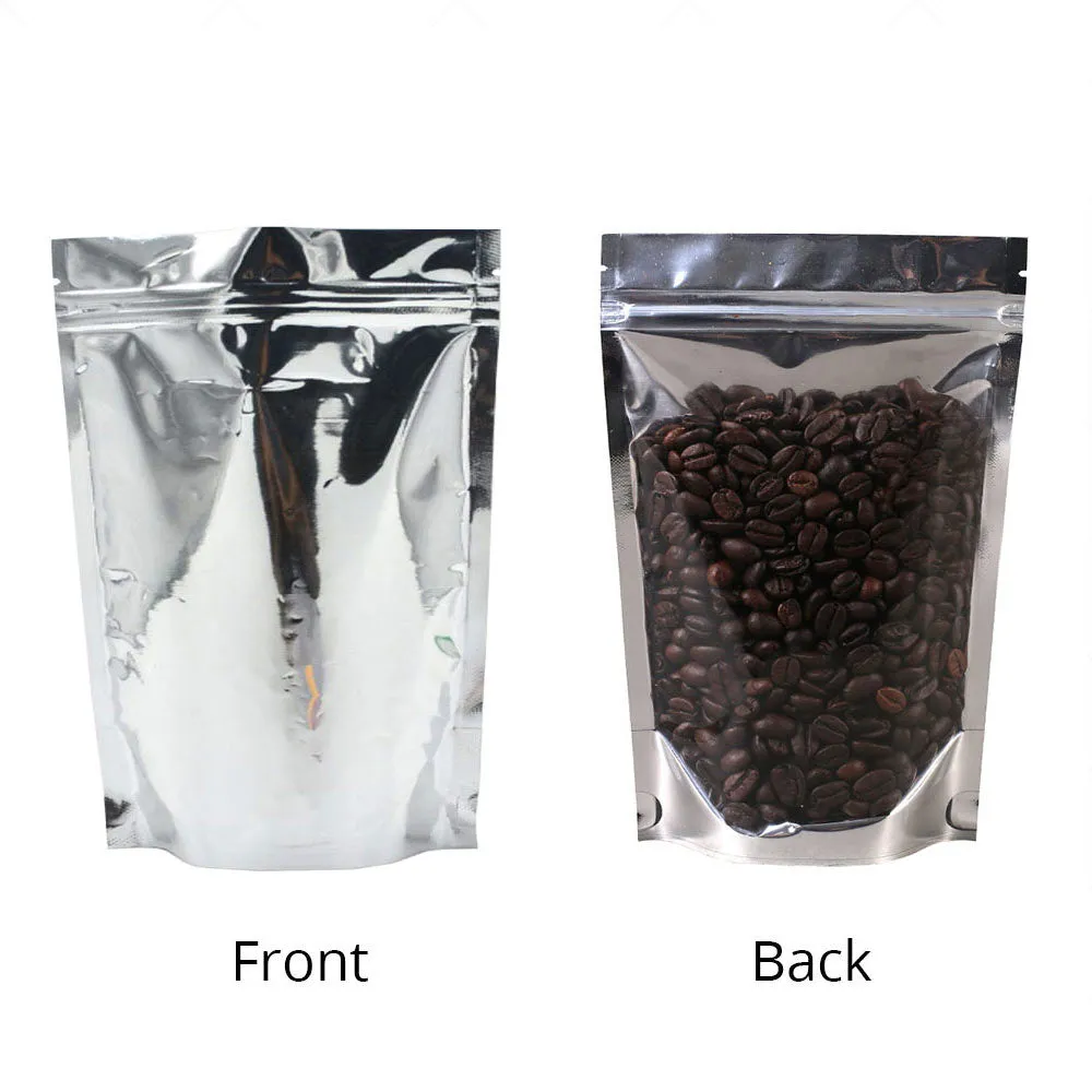 100Pcs Glossy Clear One Side Eco Metallic Foil Mylar Packaging Stand Up Zip Lock Bag For Multifunction Storage Pouch