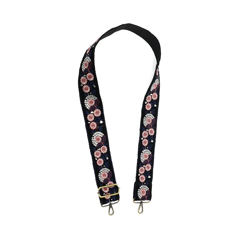 2" Ornate Floral & Sequin Guitar Strap in Black
