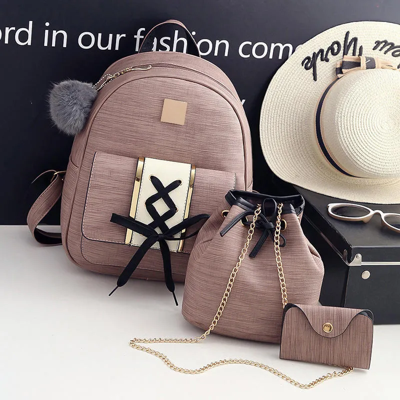 Amberler Women PU Leather Backpacks High Quality School Bags For Teenage Girls Travel Bag New Ladies Shoulder 3 Pieces Set Bag
