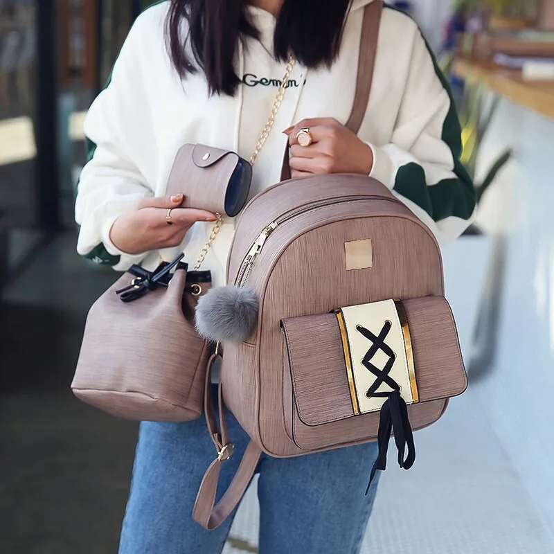 Amberler Women PU Leather Backpacks High Quality School Bags For Teenage Girls Travel Bag New Ladies Shoulder 3 Pieces Set Bag