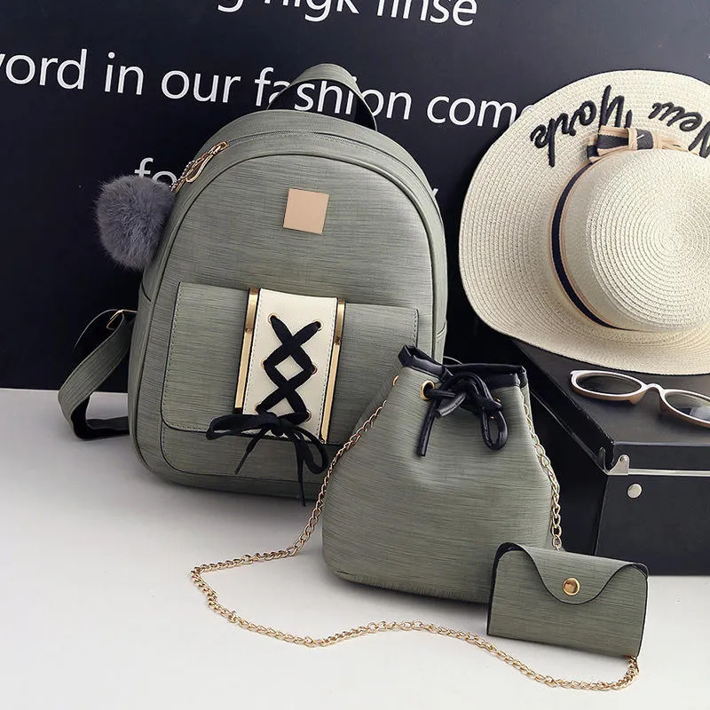 Amberler Women PU Leather Backpacks High Quality School Bags For Teenage Girls Travel Bag New Ladies Shoulder 3 Pieces Set Bag
