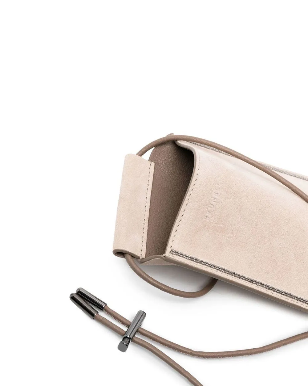 Beaded Trim Suede Phone Bag in Beige