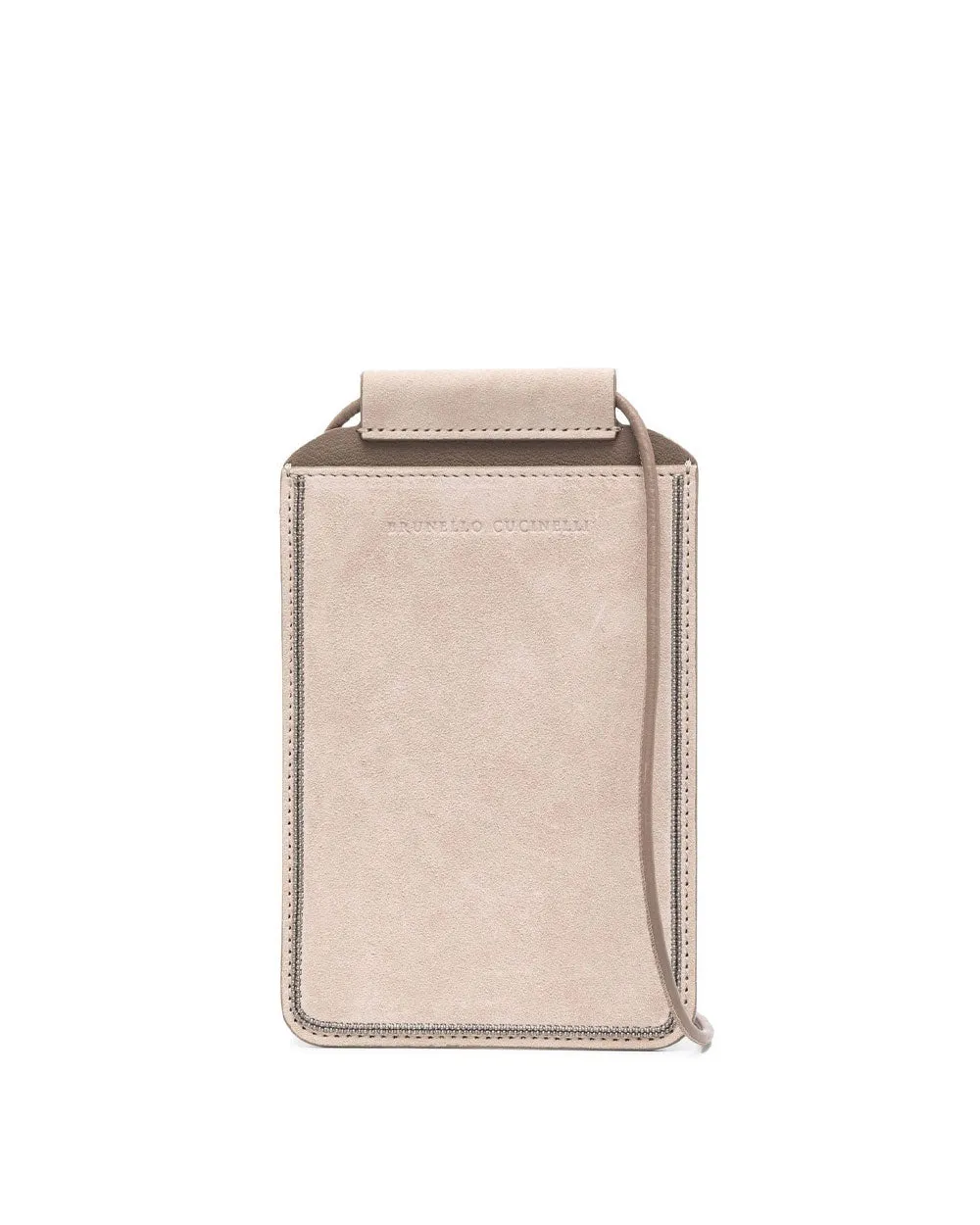 Beaded Trim Suede Phone Bag in Beige