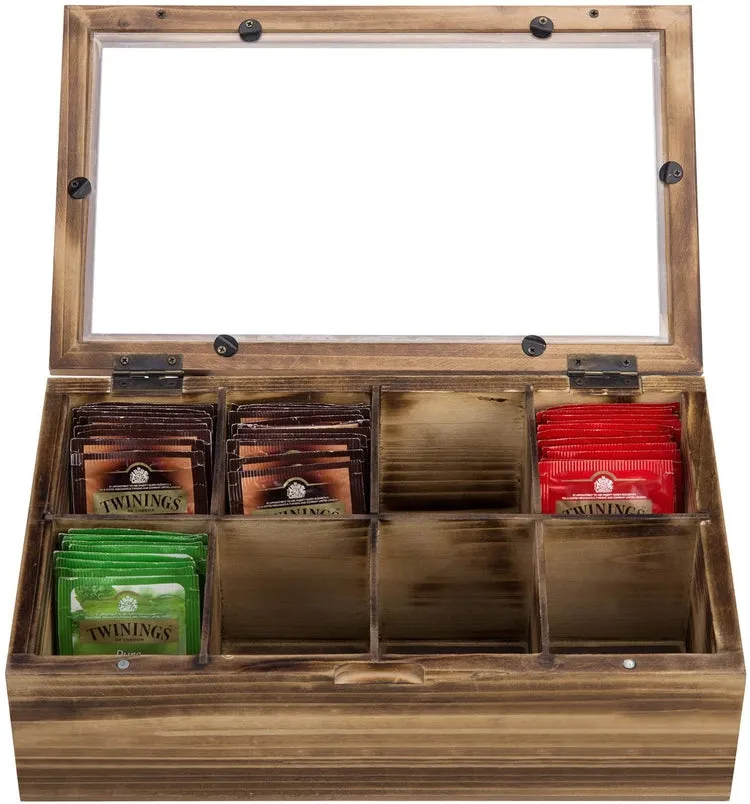 Burnt Wood Tea Bag Storage Box with 8-Compartments, Clear Display Lid, and Magnetic Closure