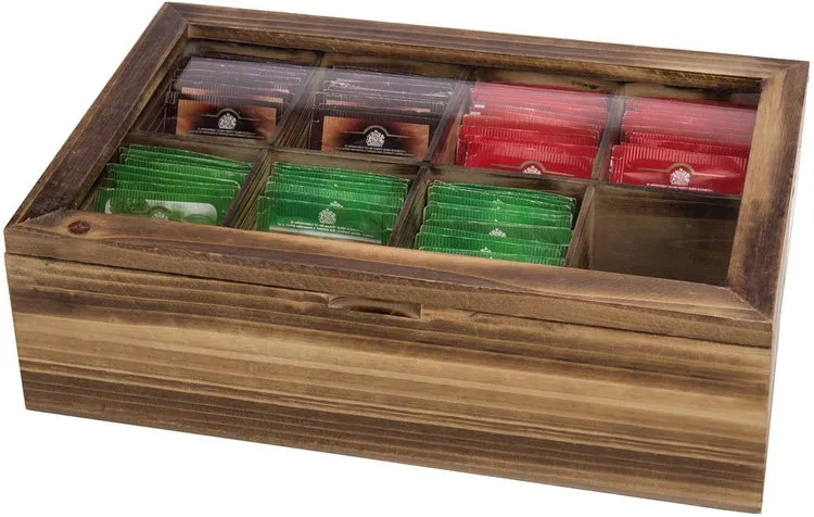 Burnt Wood Tea Bag Storage Box with 8-Compartments, Clear Display Lid, and Magnetic Closure