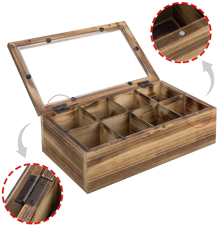Burnt Wood Tea Bag Storage Box with 8-Compartments, Clear Display Lid, and Magnetic Closure