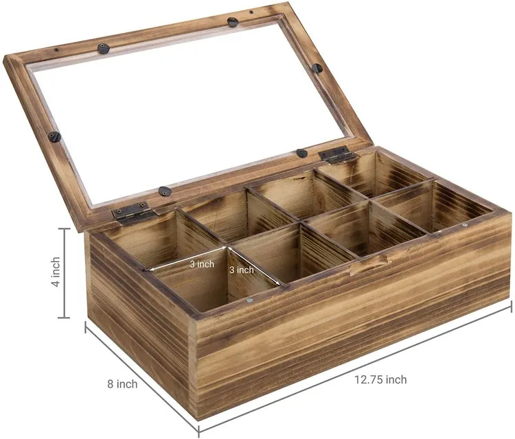 Burnt Wood Tea Bag Storage Box with 8-Compartments, Clear Display Lid, and Magnetic Closure