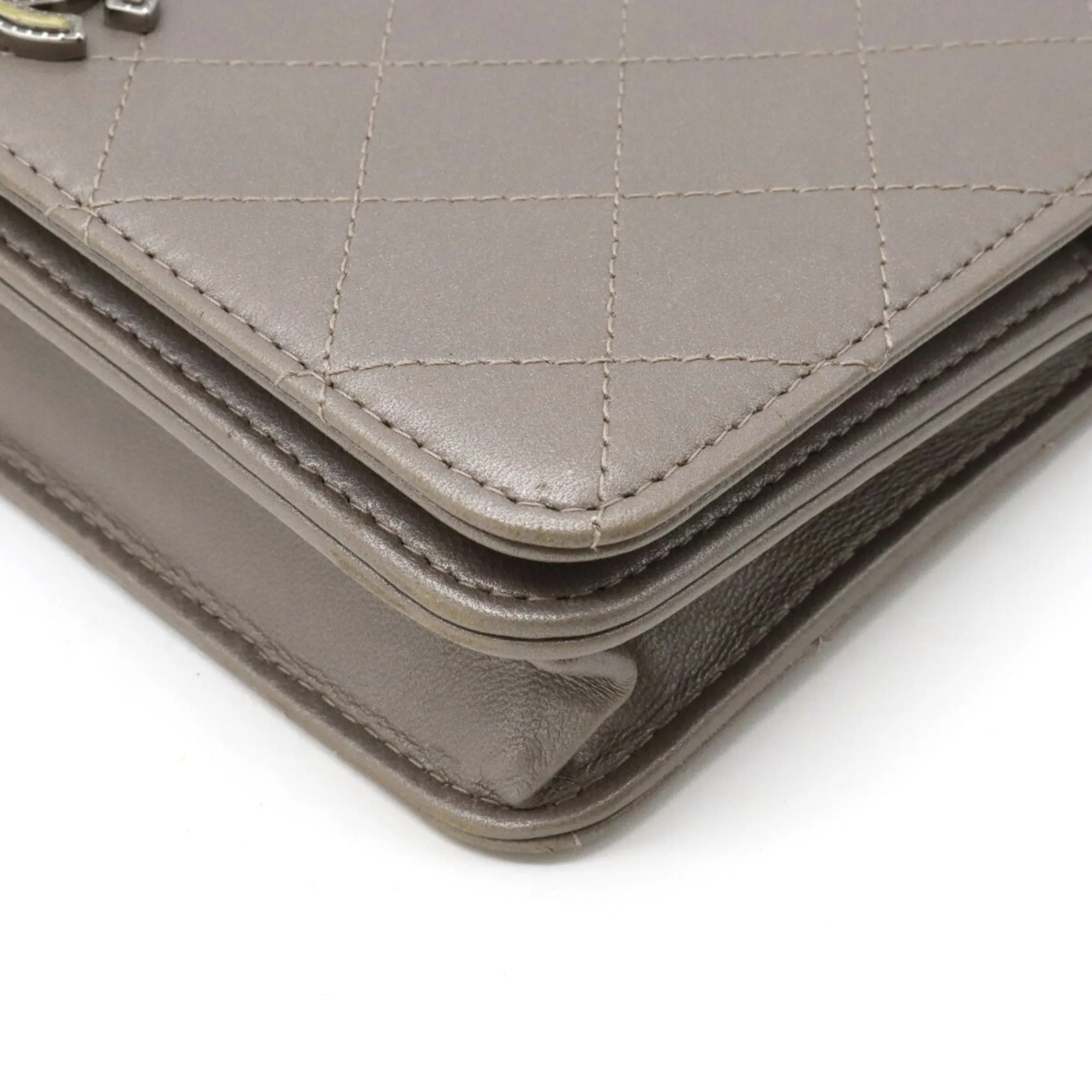 Chanel Matelasse Coco Mark Chain Shoulder Bag Pochette Metallic Leather Gray