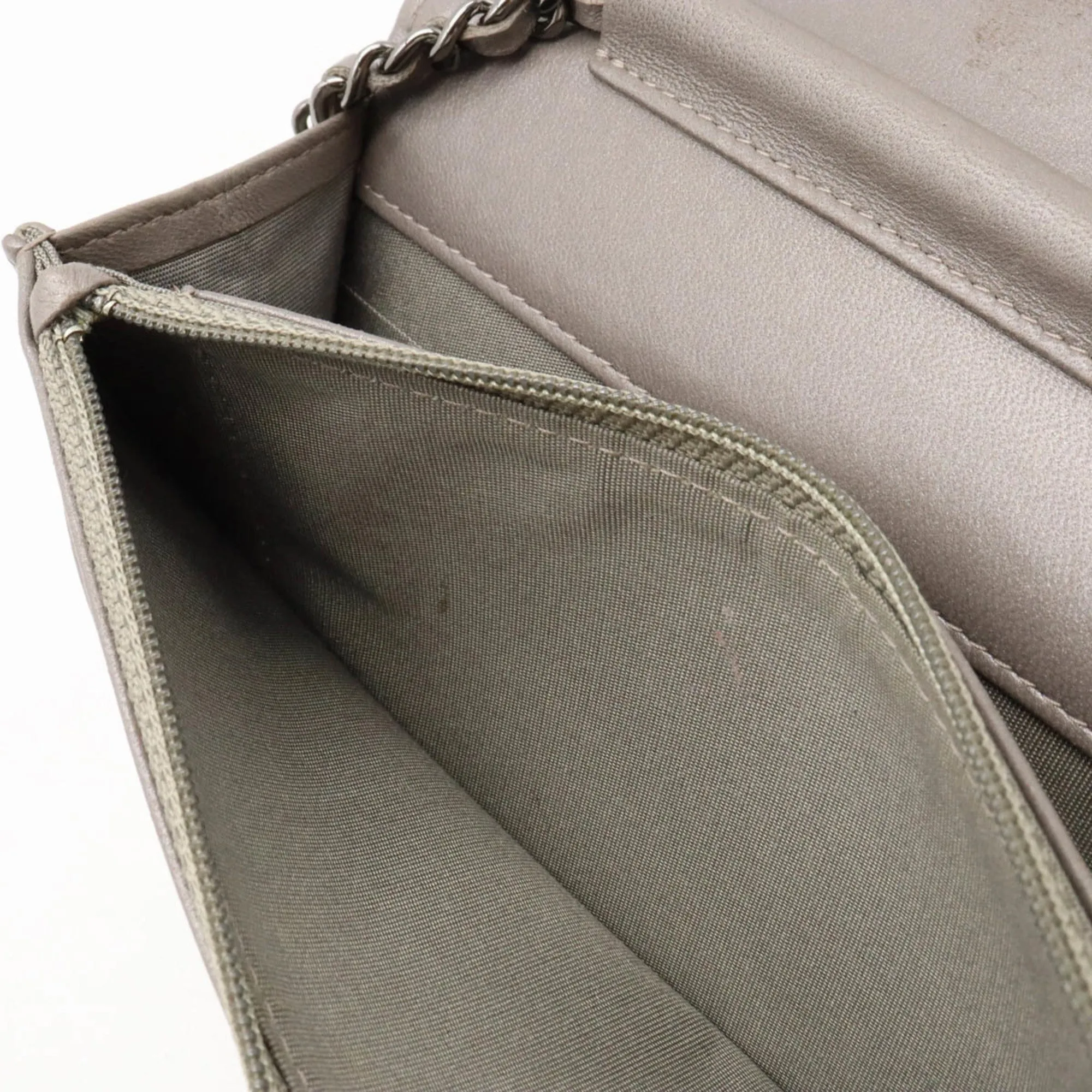 Chanel Matelasse Coco Mark Chain Shoulder Bag Pochette Metallic Leather Gray