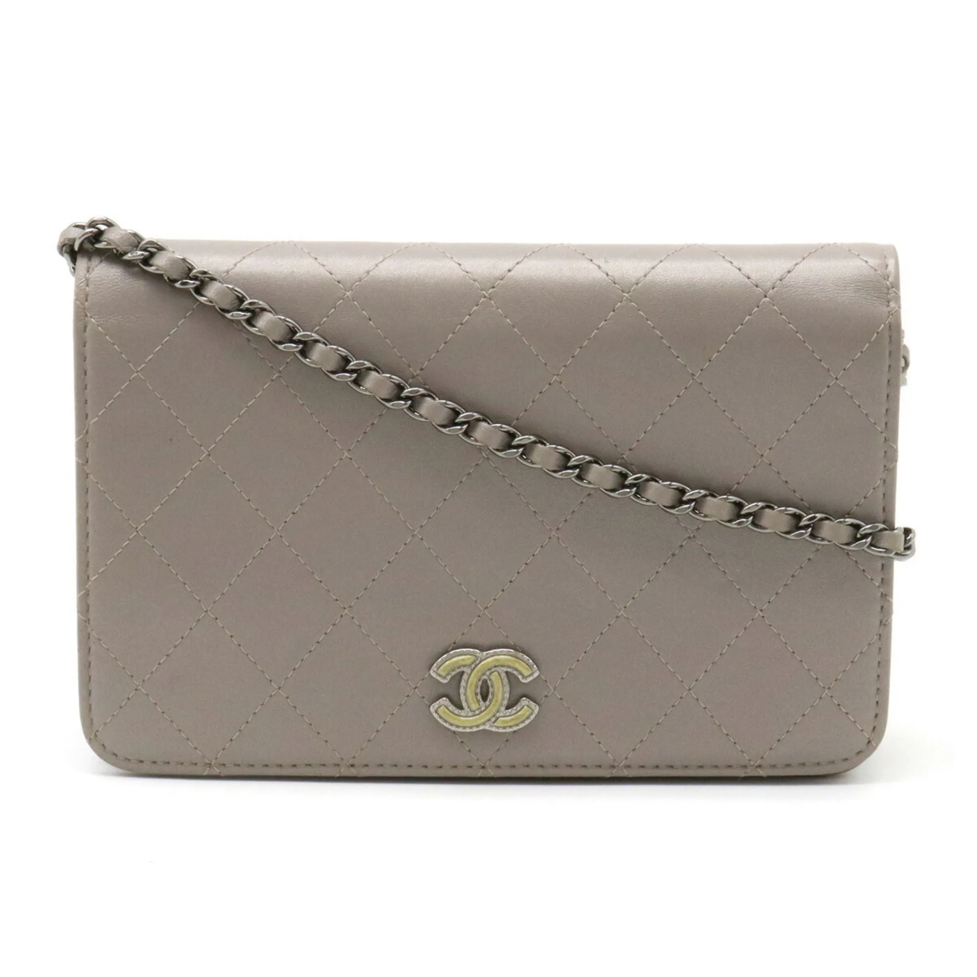 Chanel Matelasse Coco Mark Chain Shoulder Bag Pochette Metallic Leather Gray