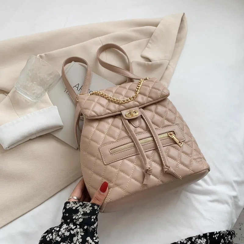 Christmas Gift Lingge Quality Small PU Leather Solid Color Backpack Bags for Women 2021 hit School Bags for Teenagers Girls Luxury Back Packs