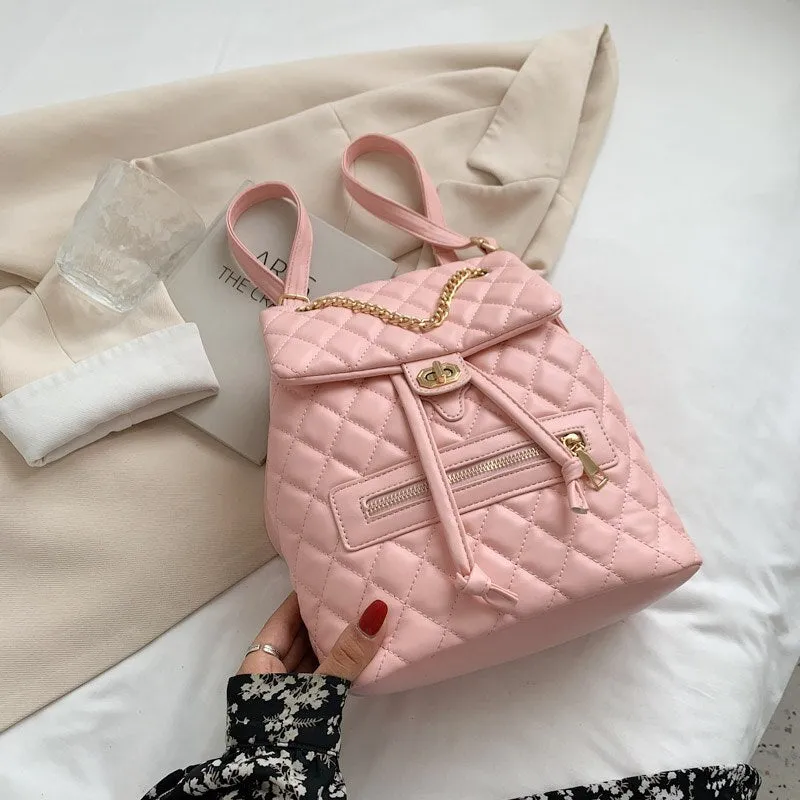 Christmas Gift Lingge Quality Small PU Leather Solid Color Backpack Bags for Women 2021 hit School Bags for Teenagers Girls Luxury Back Packs