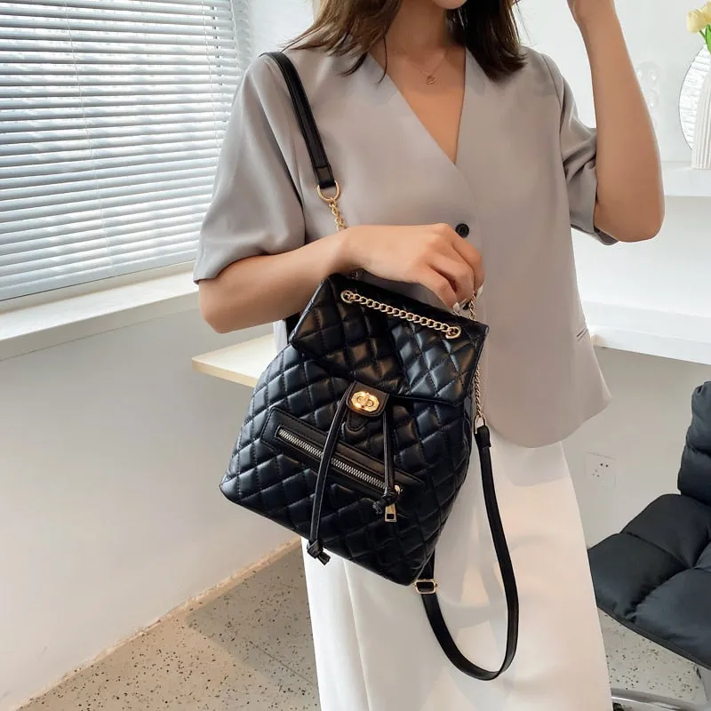 Christmas Gift Lingge Quality Small PU Leather Solid Color Backpack Bags for Women 2021 hit School Bags for Teenagers Girls Luxury Back Packs