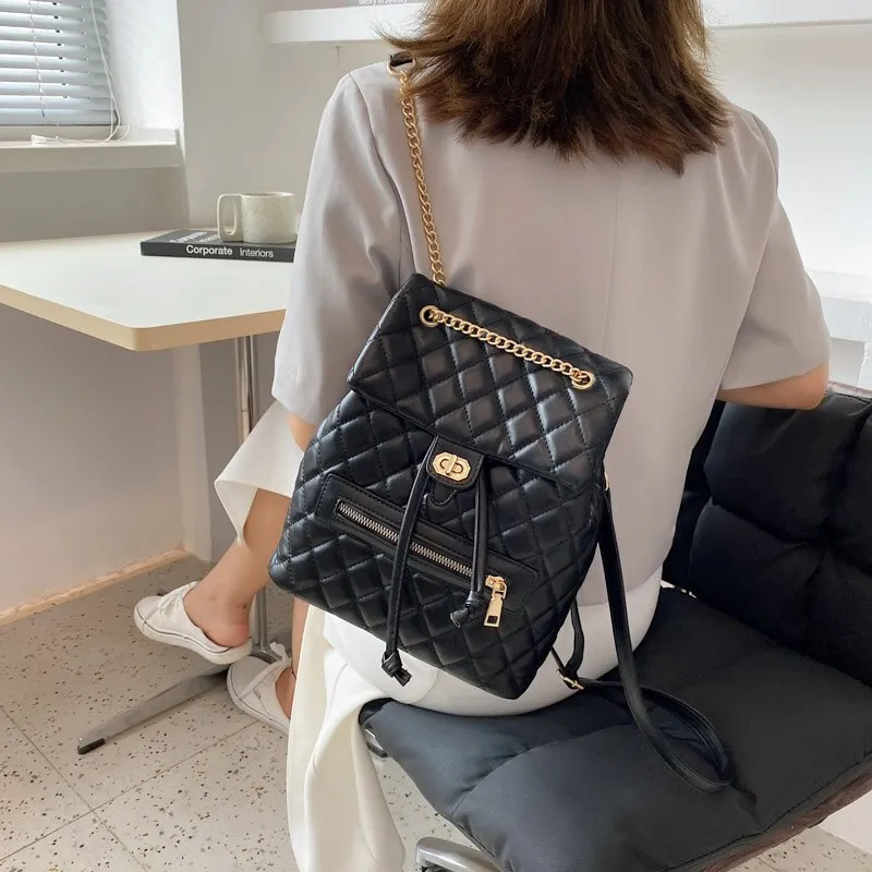 Christmas Gift Lingge Quality Small PU Leather Solid Color Backpack Bags for Women 2021 hit School Bags for Teenagers Girls Luxury Back Packs
