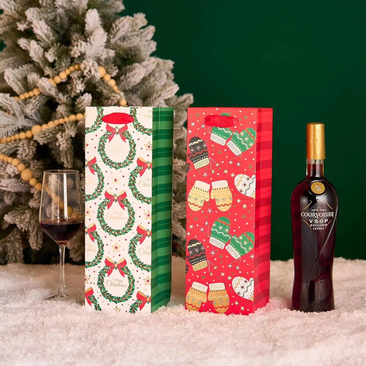 Christmas Tree Gloves Holiday Gift Wine Bags, Pack of 12