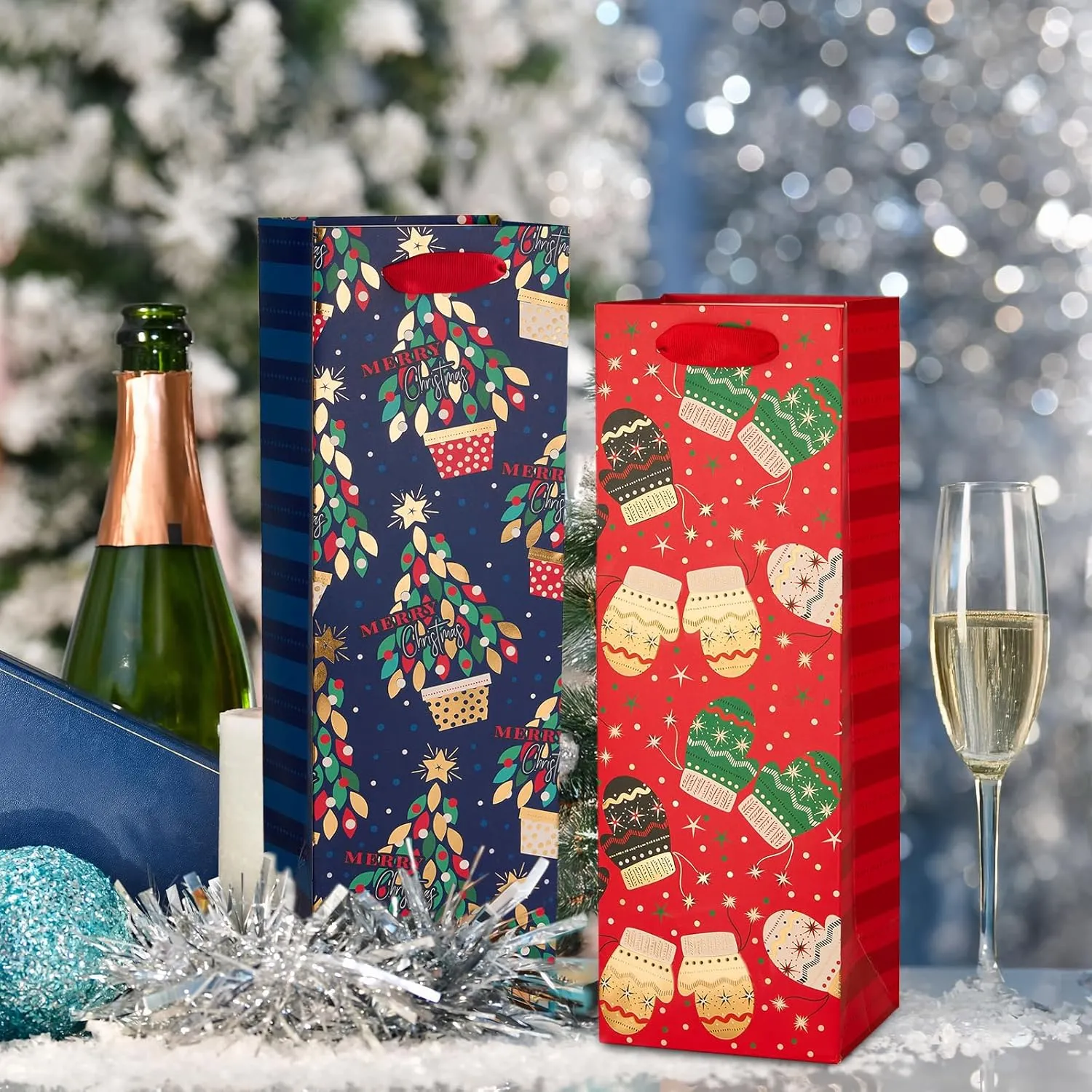 Christmas Tree Gloves Holiday Gift Wine Bags, Pack of 12