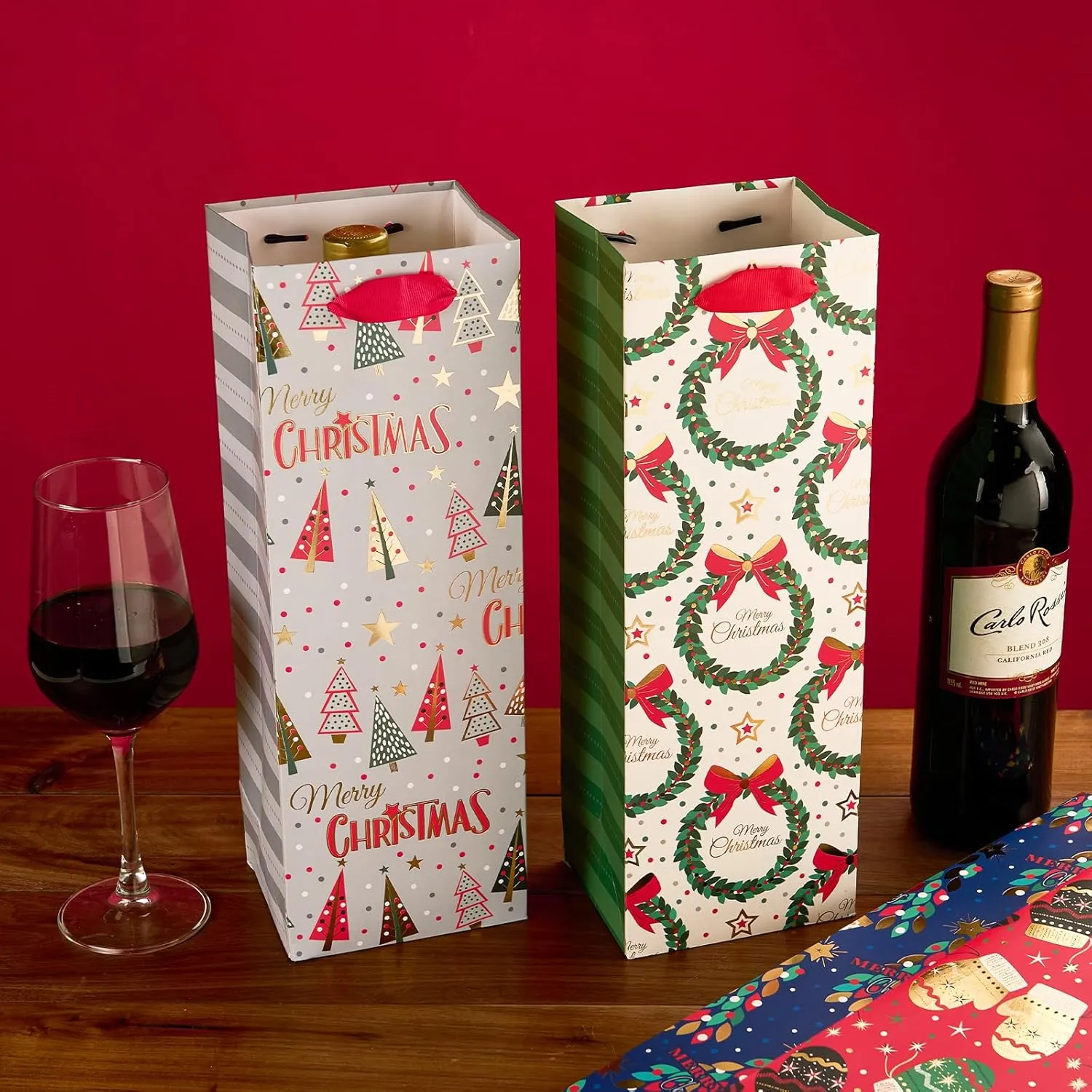 Christmas Tree Gloves Holiday Gift Wine Bags, Pack of 12