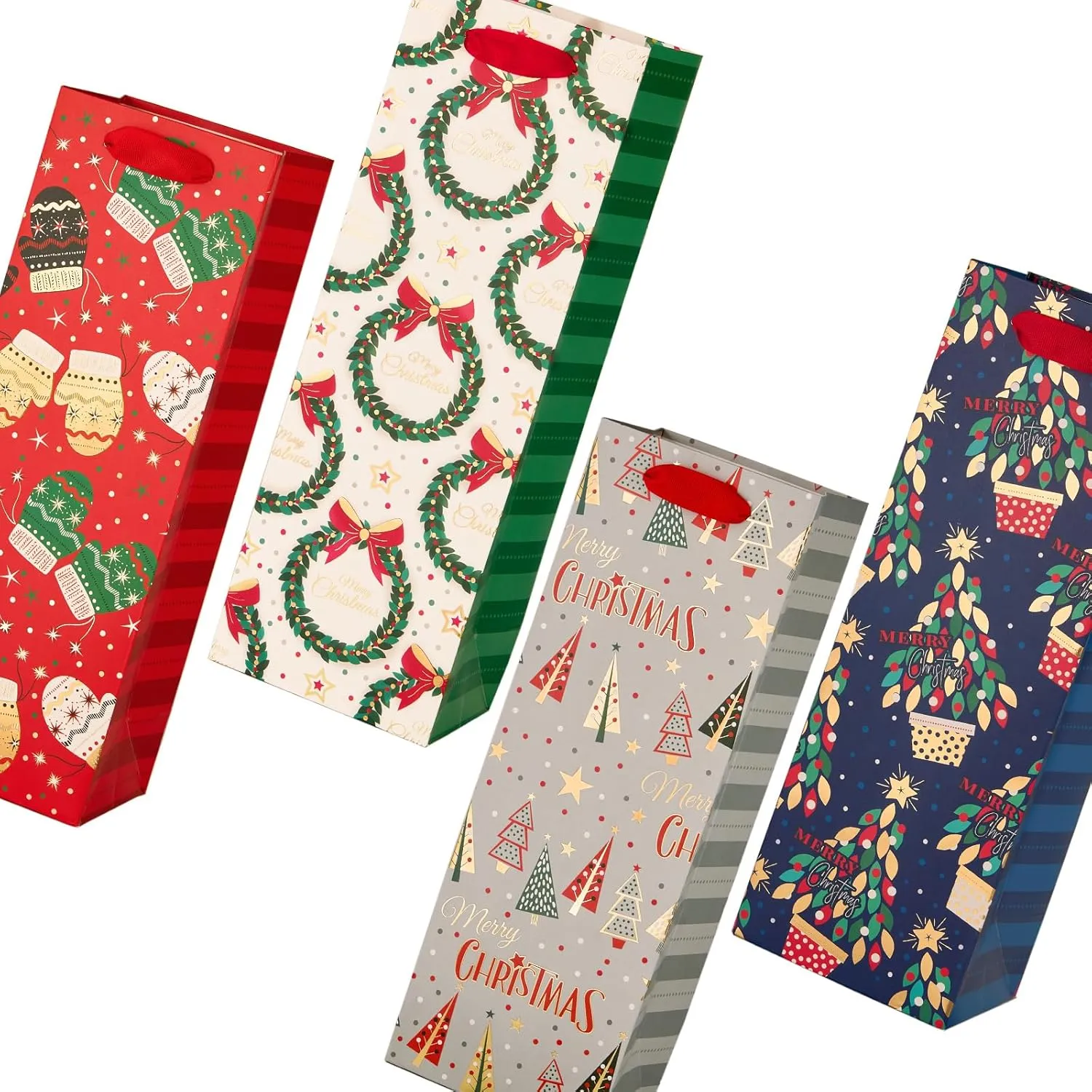 Christmas Tree Gloves Holiday Gift Wine Bags, Pack of 12