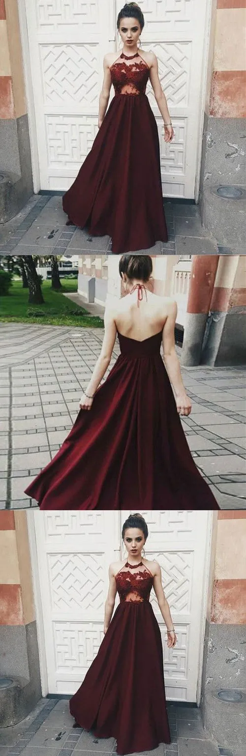 Fantastic Red Halter Burgundy Top Spaghetti Neck Tie V Back Prom Dress, M188