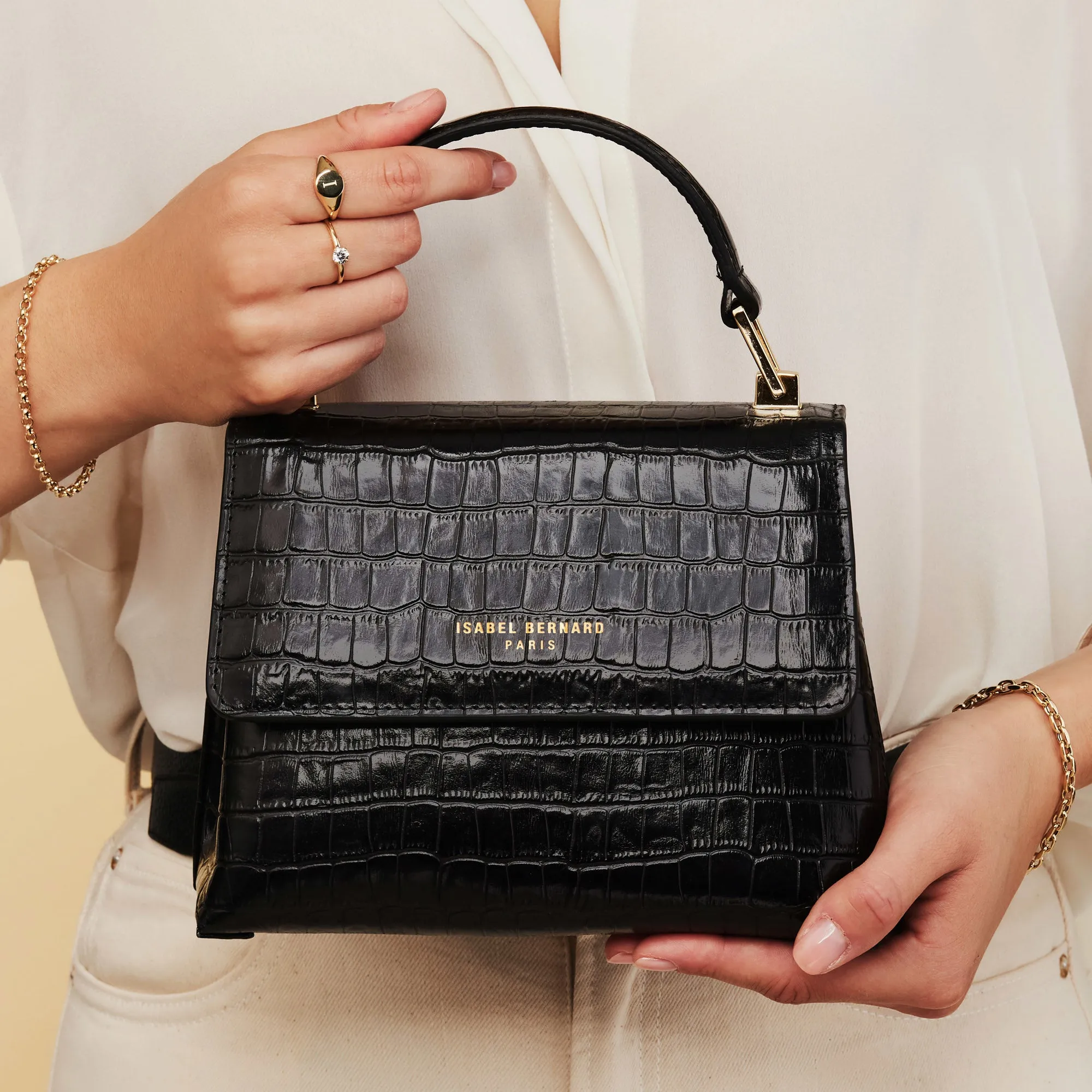Femme Forte Heline croco black calfskin leather handbag
