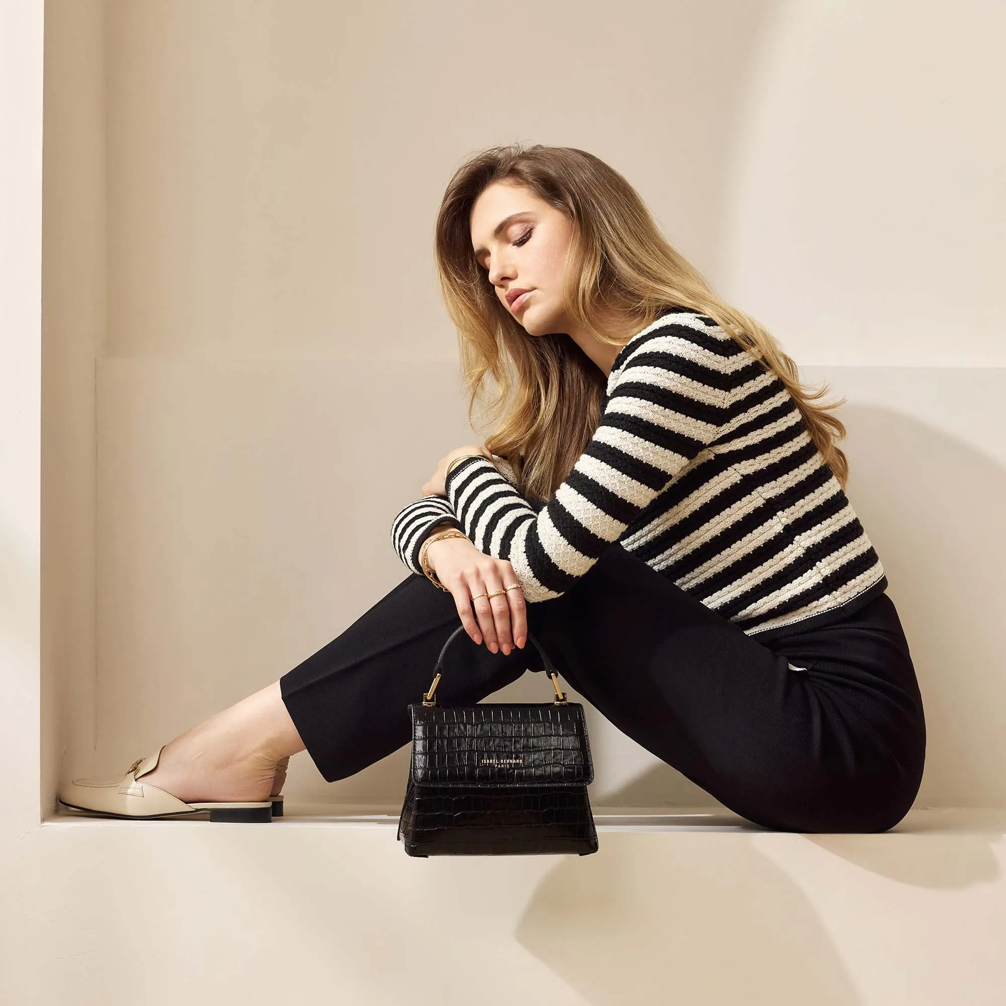 Femme Forte Heline croco black calfskin leather handbag
