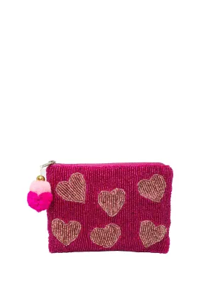 Gold & Fuchsia Multi-Heart Beaded Coin Pouch