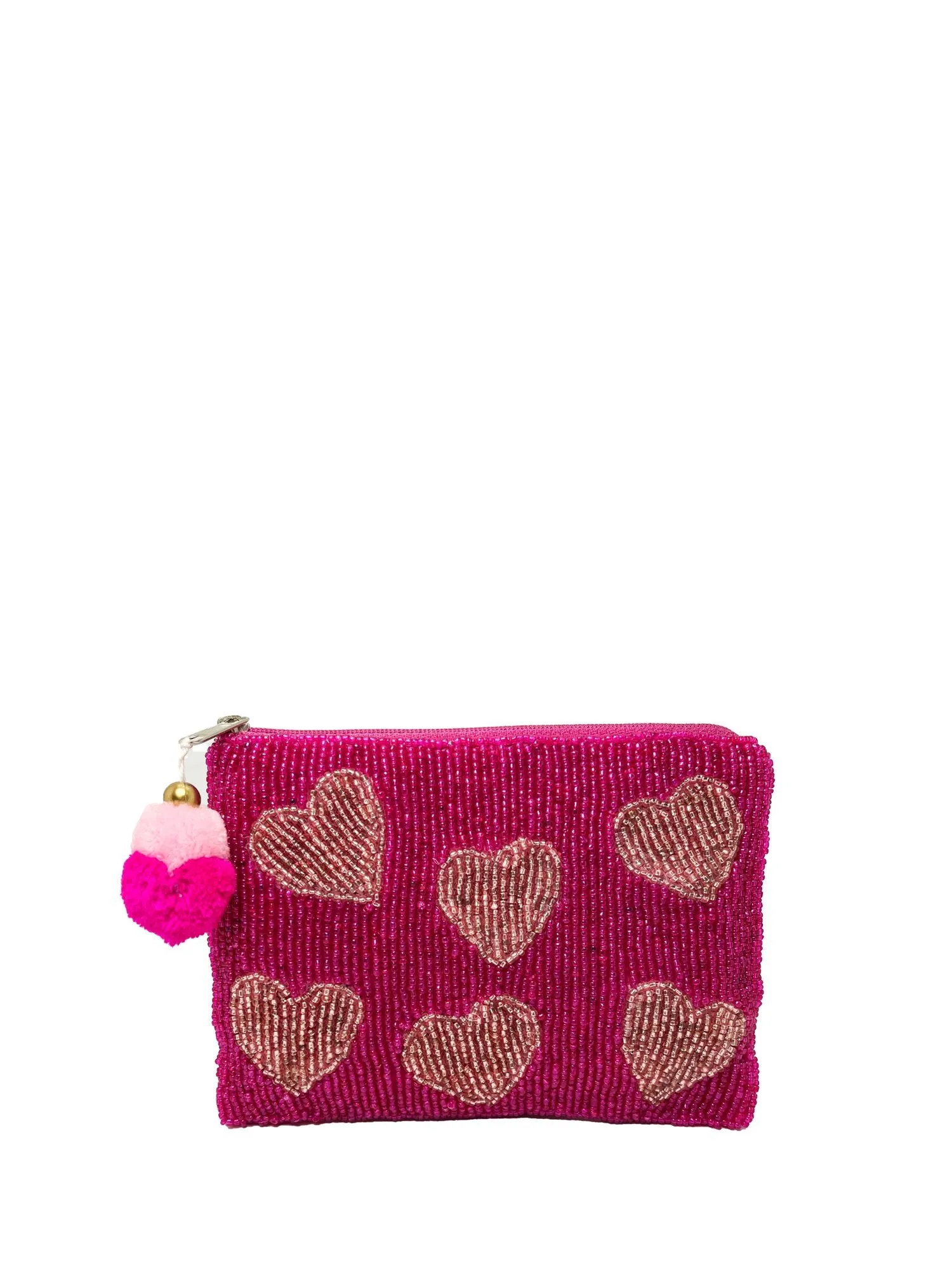 Gold & Fuchsia Multi-Heart Beaded Coin Pouch