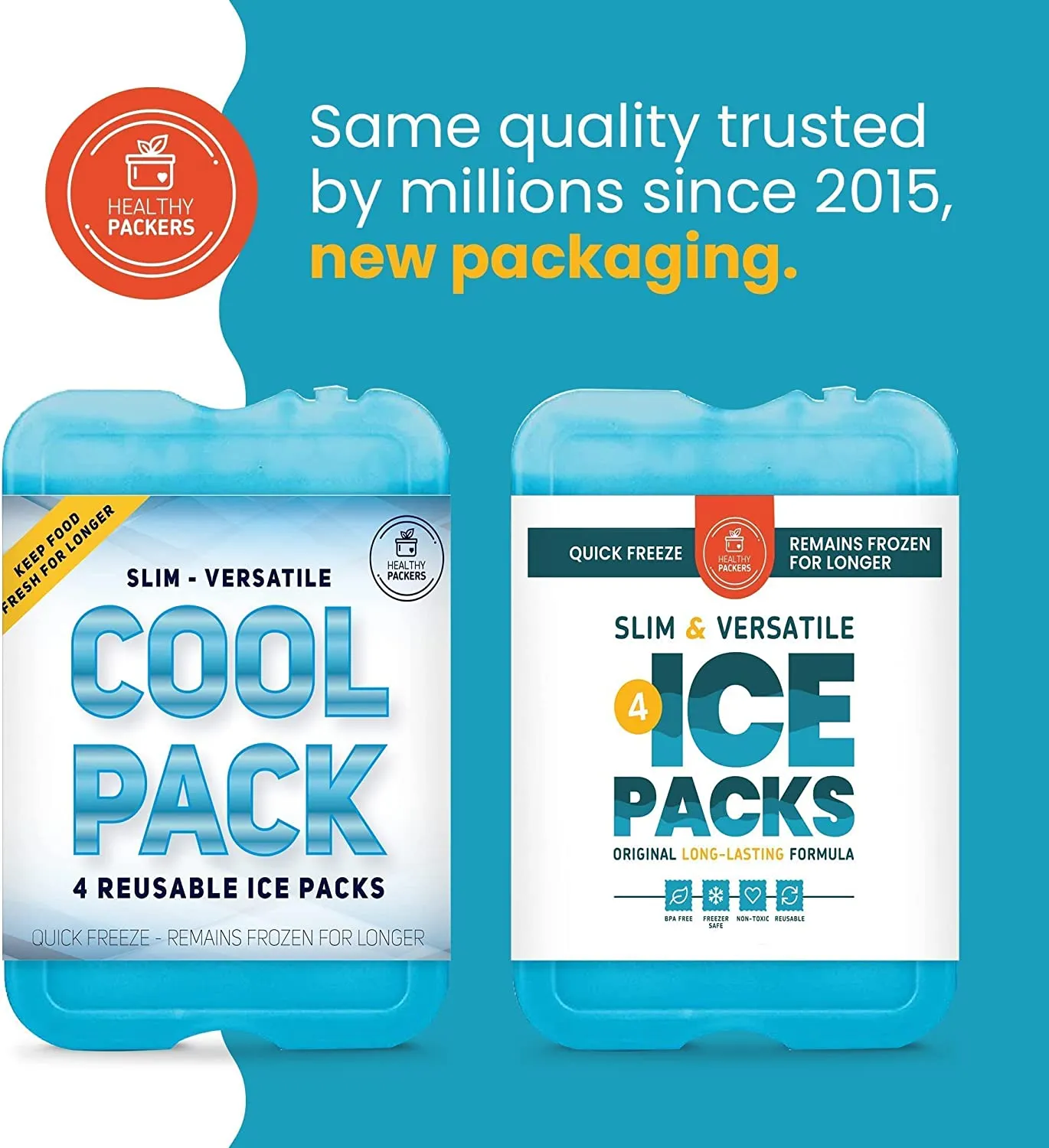 Healthy Packers Ice Packs for Lunch Boxes & Coolers | Slim & Long-Lasting Reusable Ice Pack for Lunch Box | Great for the Beach & Camping (Set of 4)