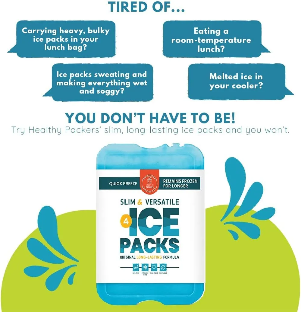 Healthy Packers Ice Packs for Lunch Boxes & Coolers | Slim & Long-Lasting Reusable Ice Pack for Lunch Box | Great for the Beach & Camping (Set of 4)