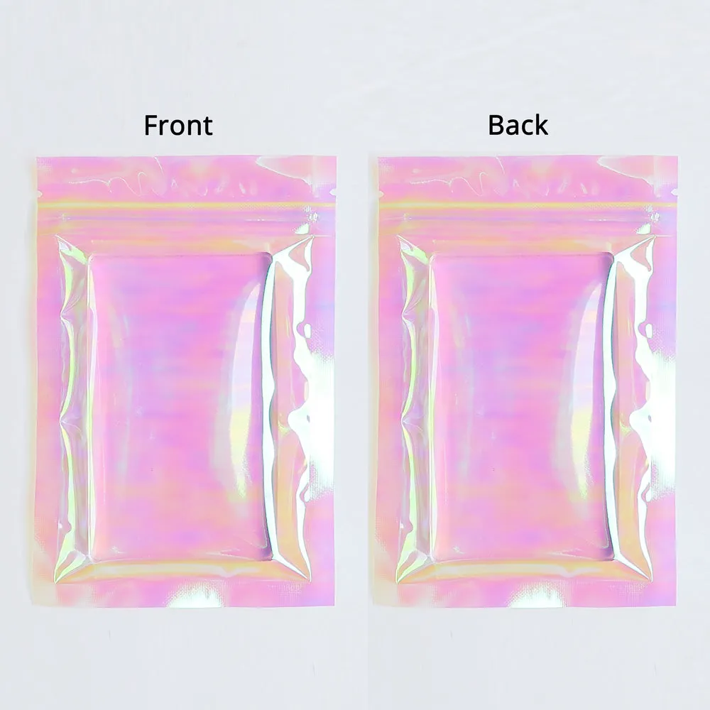 Holographic Pink Flat Bottom Heat Sealed Bag Plastic Mylar Packaging Ziplock Pouch With Tear Notch For Food Make up Storage