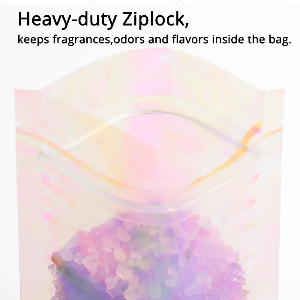 Holographic Pink Flat Bottom Heat Sealed Bag Plastic Mylar Packaging Ziplock Pouch With Tear Notch For Food Make up Storage