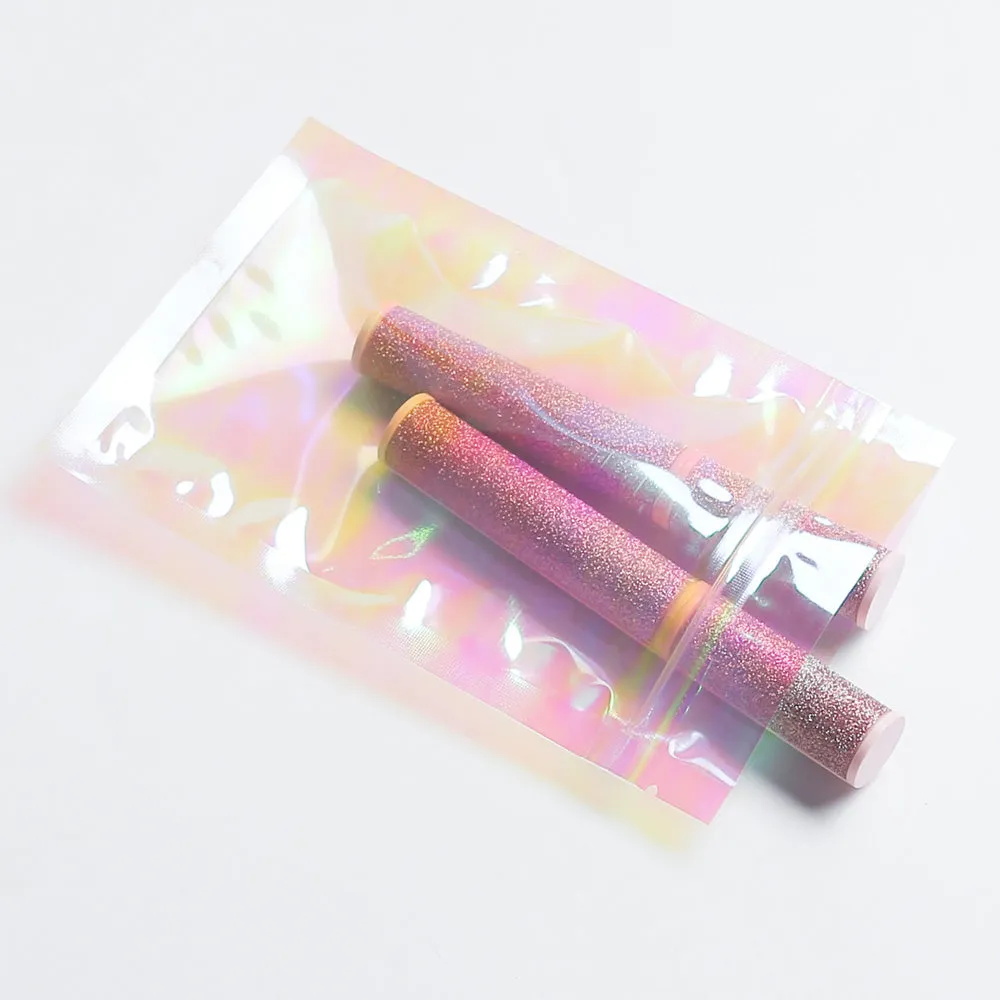 Holographic Pink Flat Bottom Heat Sealed Bag Plastic Mylar Packaging Ziplock Pouch With Tear Notch For Food Make up Storage
