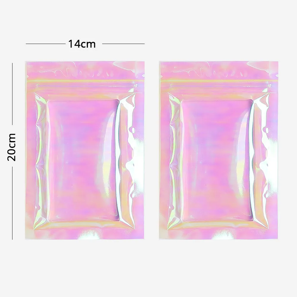 Holographic Pink Flat Bottom Heat Sealed Bag Plastic Mylar Packaging Ziplock Pouch With Tear Notch For Food Make up Storage