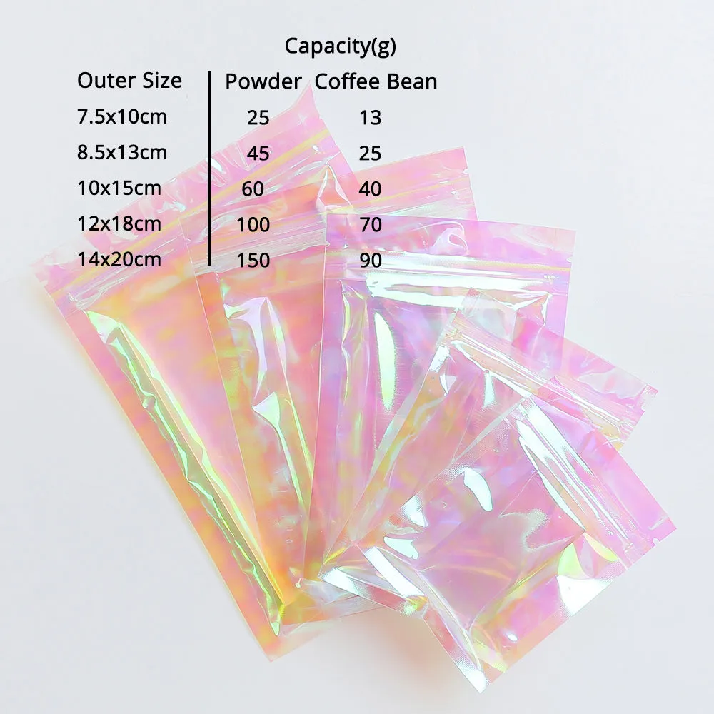 Holographic Pink Flat Bottom Heat Sealed Bag Plastic Mylar Packaging Ziplock Pouch With Tear Notch For Food Make up Storage