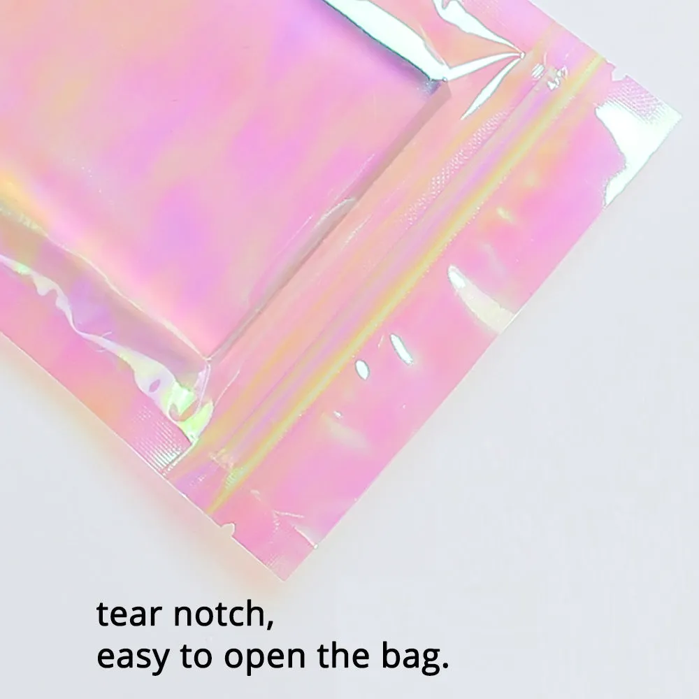 Holographic Pink Flat Bottom Heat Sealed Bag Plastic Mylar Packaging Ziplock Pouch With Tear Notch For Food Make up Storage