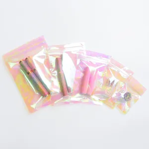 Holographic Pink Flat Bottom Heat Sealed Bag Plastic Mylar Packaging Ziplock Pouch With Tear Notch For Food Make up Storage