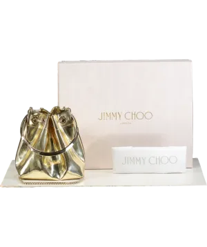 Jimmy Choo Gold Bon Bon Mirrored Leather Mini Bucket Bag with chain strap