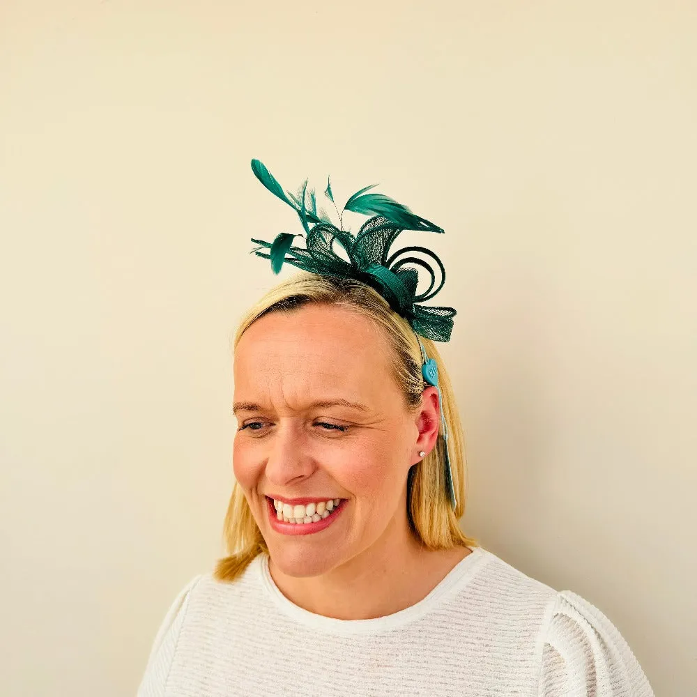 Max and Ellie BF3 Small Fascinator on Headband in Greens