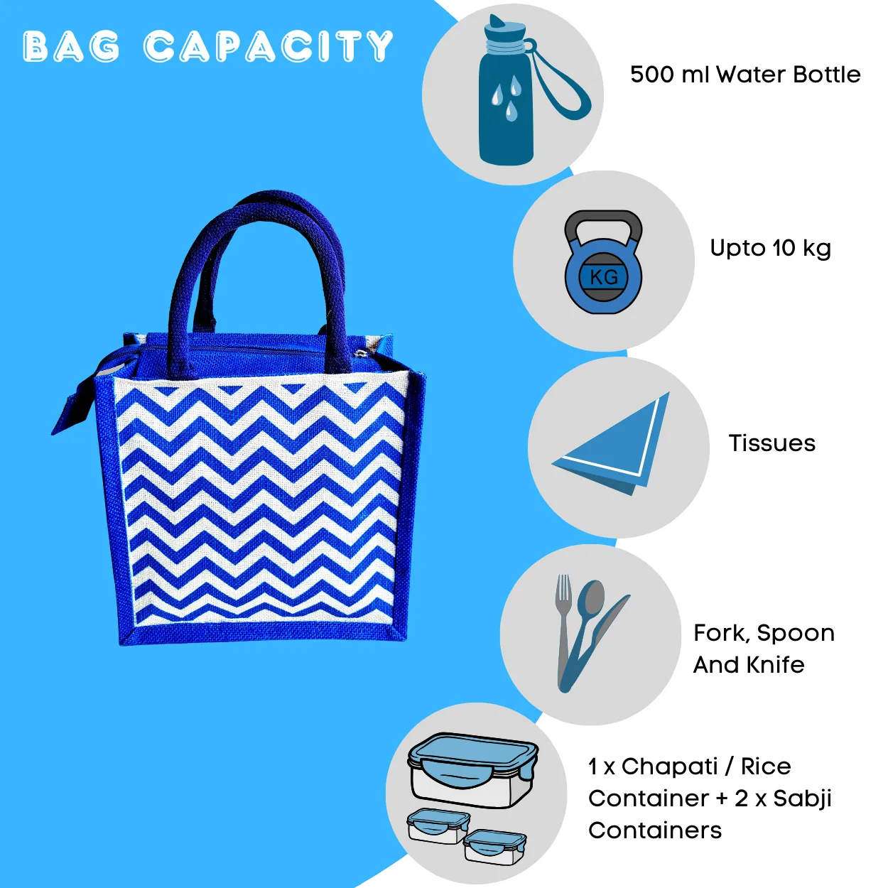 Printed Jute Compact Lunch Bag Chevron - Royal Blue