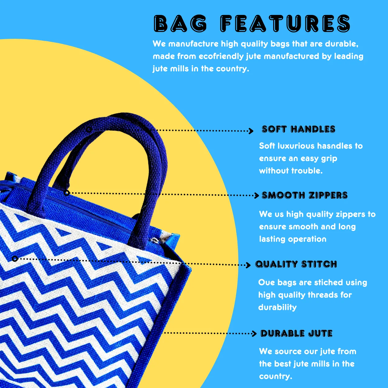 Printed Jute Compact Lunch Bag Chevron - Royal Blue