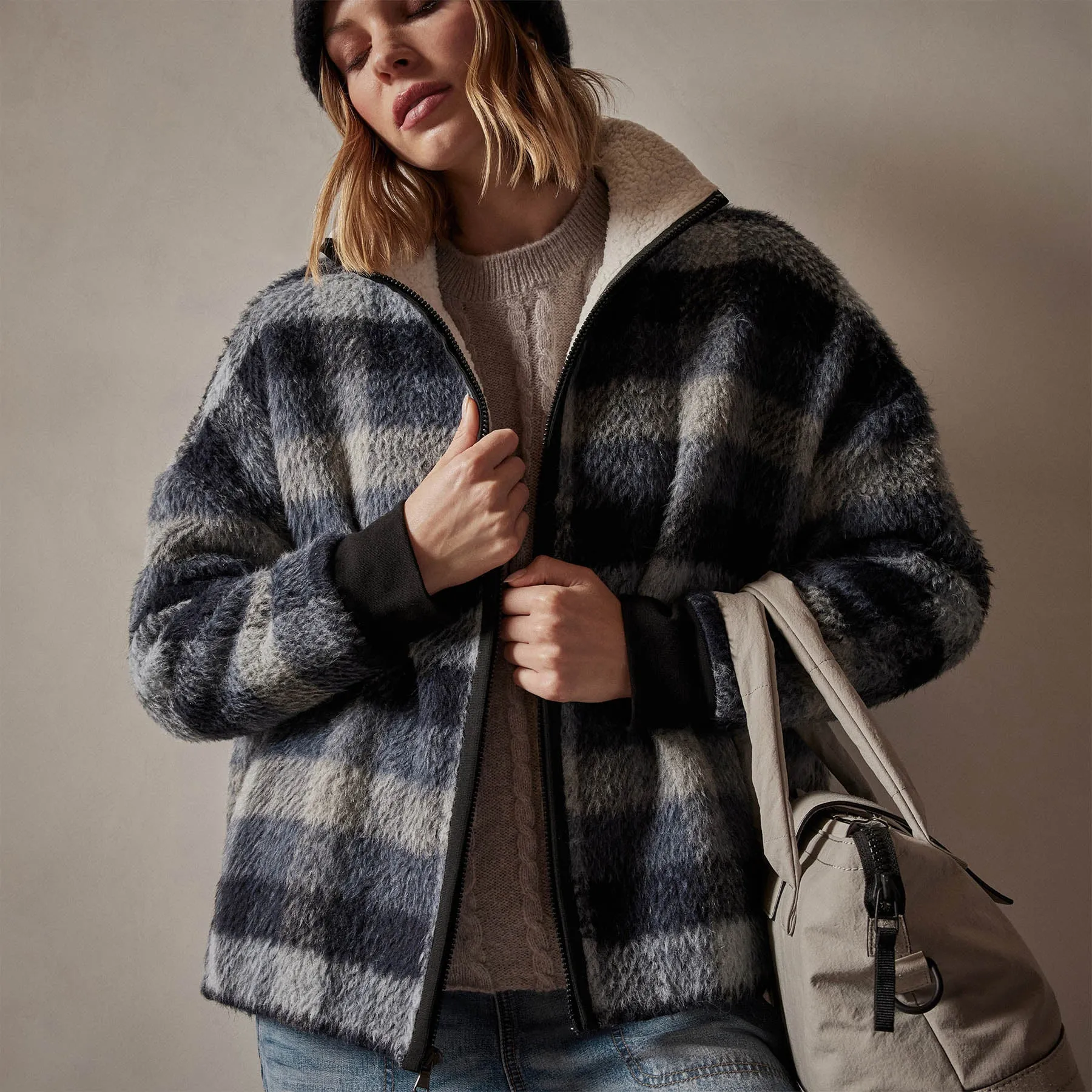 Sherpa Lined Plaid Zip Jacket - Breeze Plaid