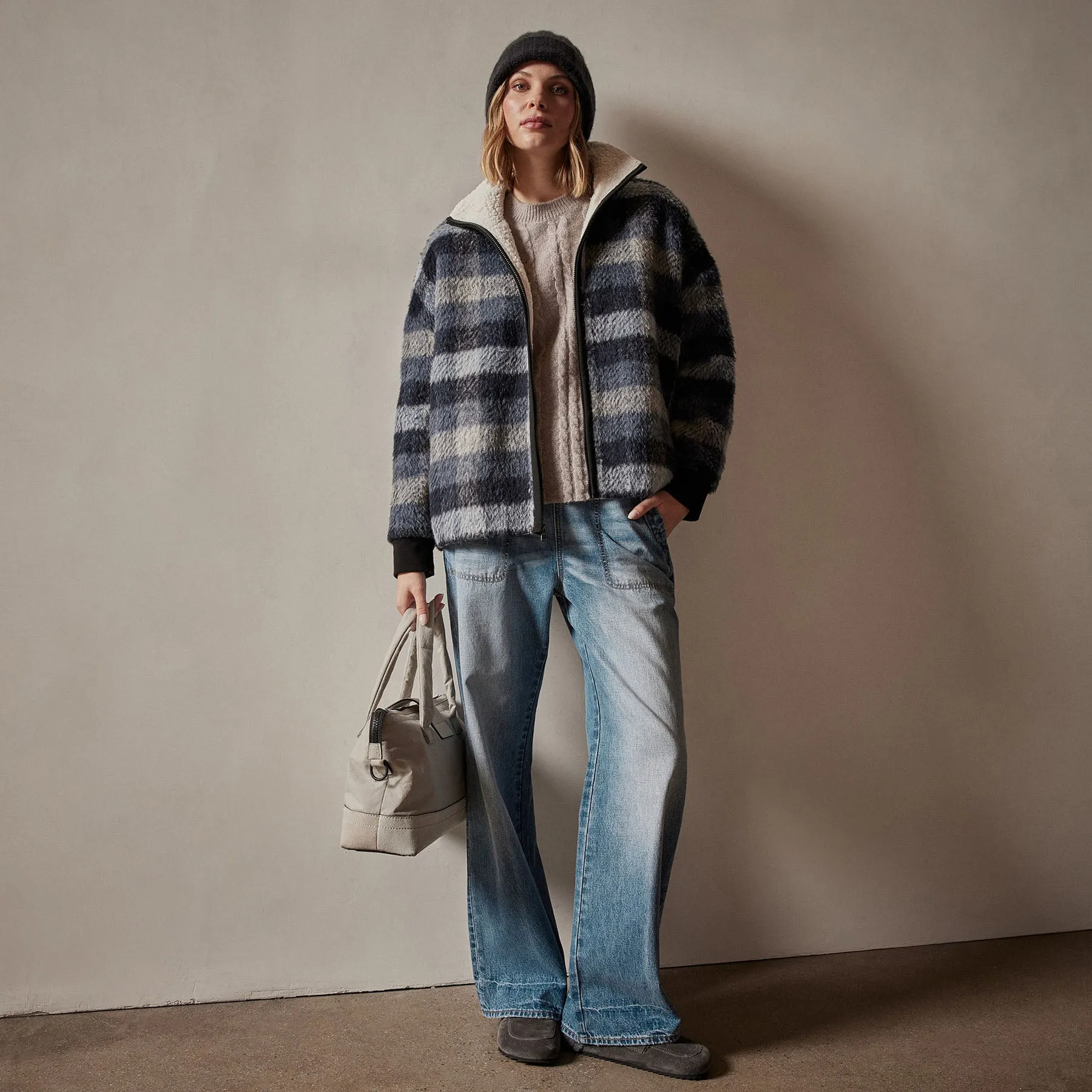 Sherpa Lined Plaid Zip Jacket - Breeze Plaid