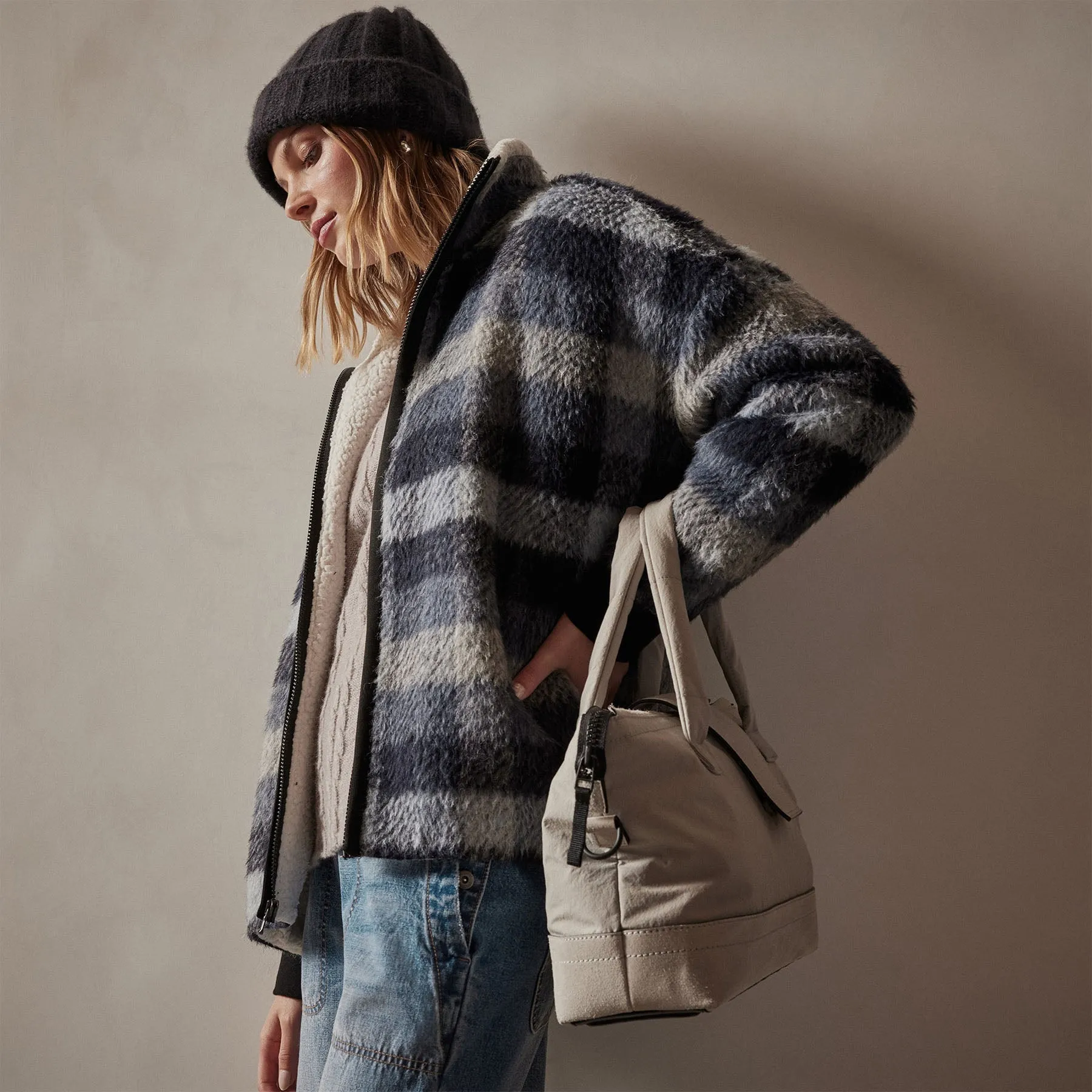 Sherpa Lined Plaid Zip Jacket - Breeze Plaid