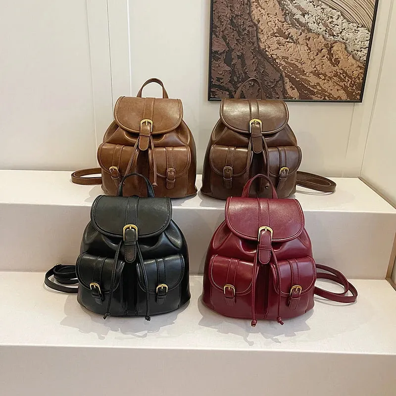 Small Double Pockets PU Leather Backpacks
