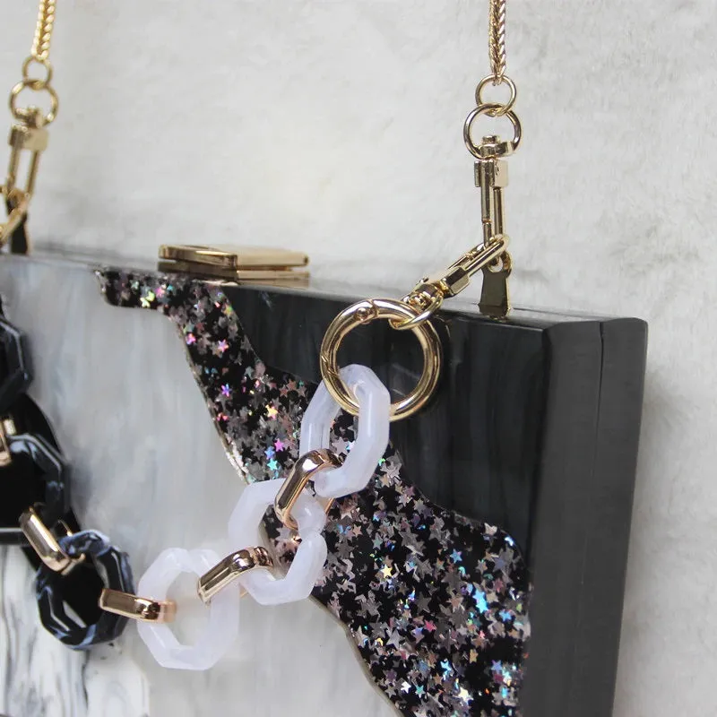 Sparkling Sequin Stars with Acrylic Chain Strap Clutch Purse Handbags