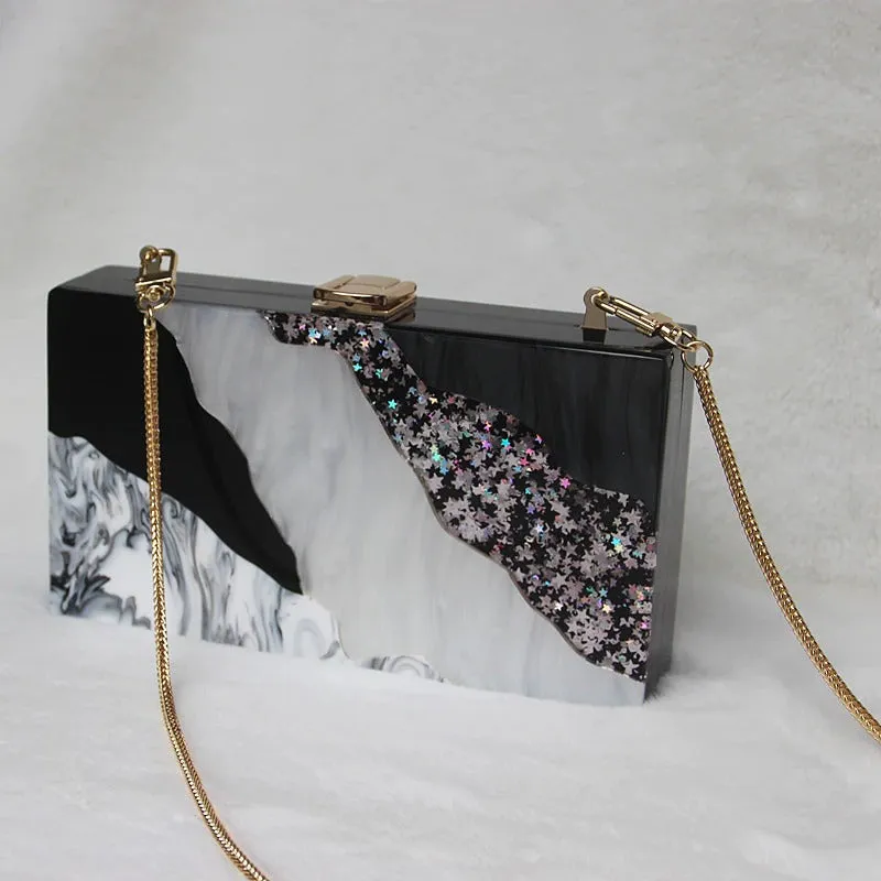 Sparkling Sequin Stars with Acrylic Chain Strap Clutch Purse Handbags