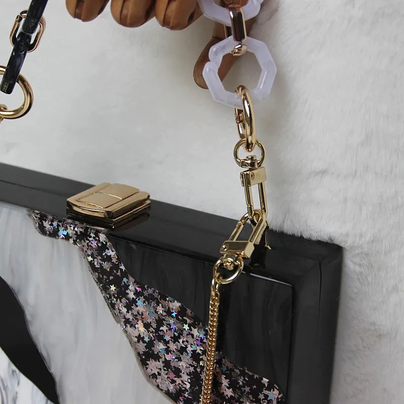 Sparkling Sequin Stars with Acrylic Chain Strap Clutch Purse Handbags