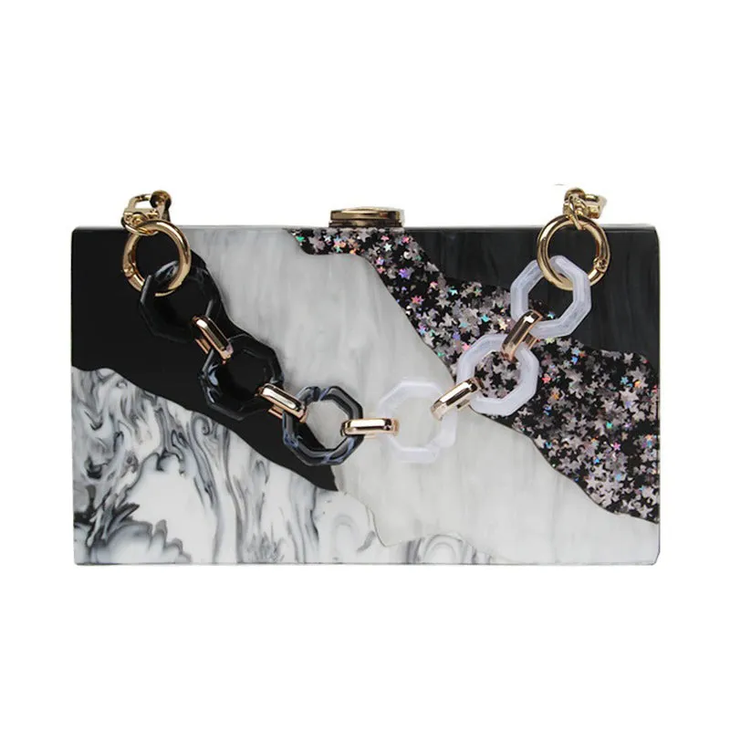 Sparkling Sequin Stars with Acrylic Chain Strap Clutch Purse Handbags