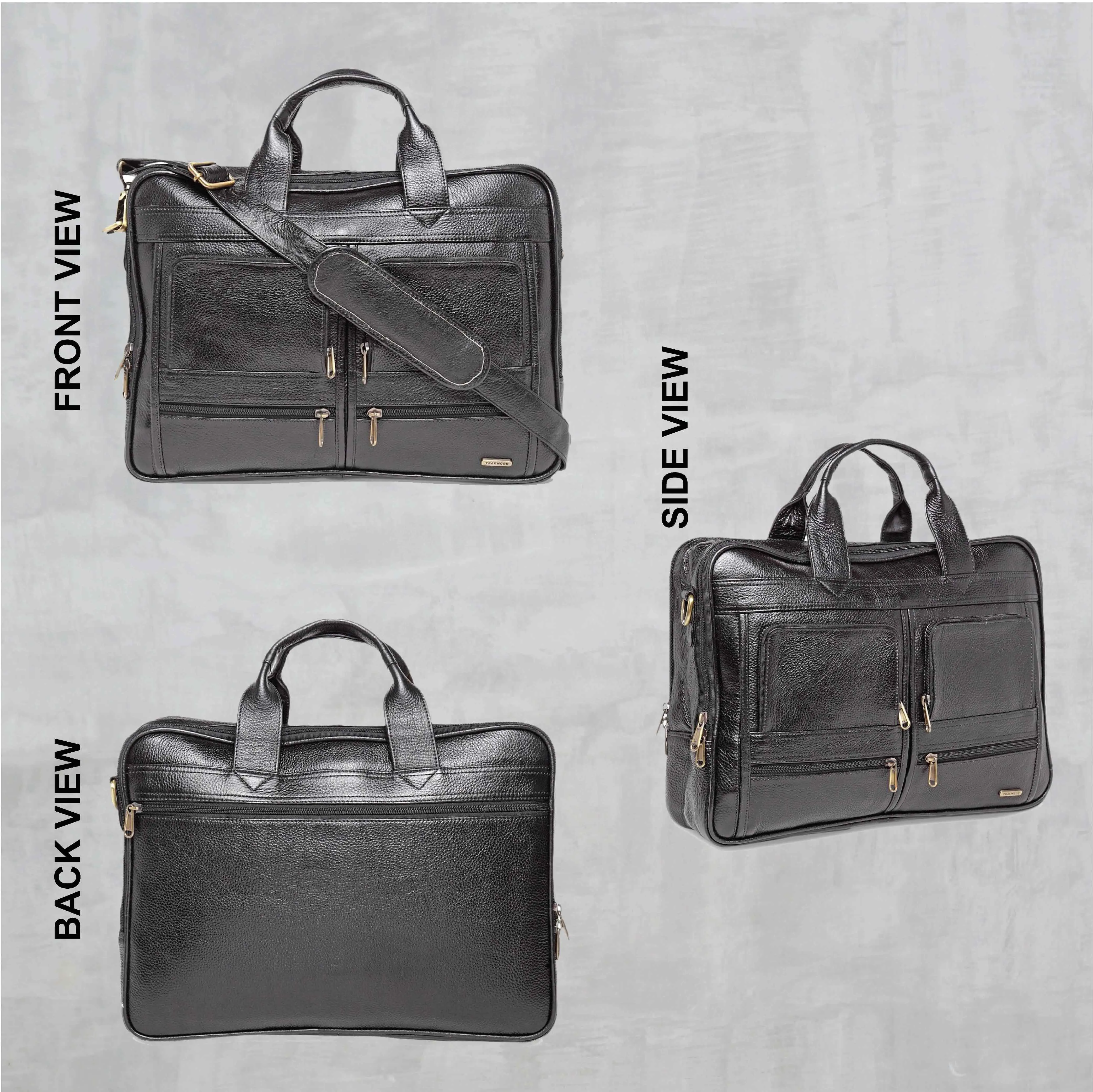 Teakwood Genuine Leather Laptop Bag - Black