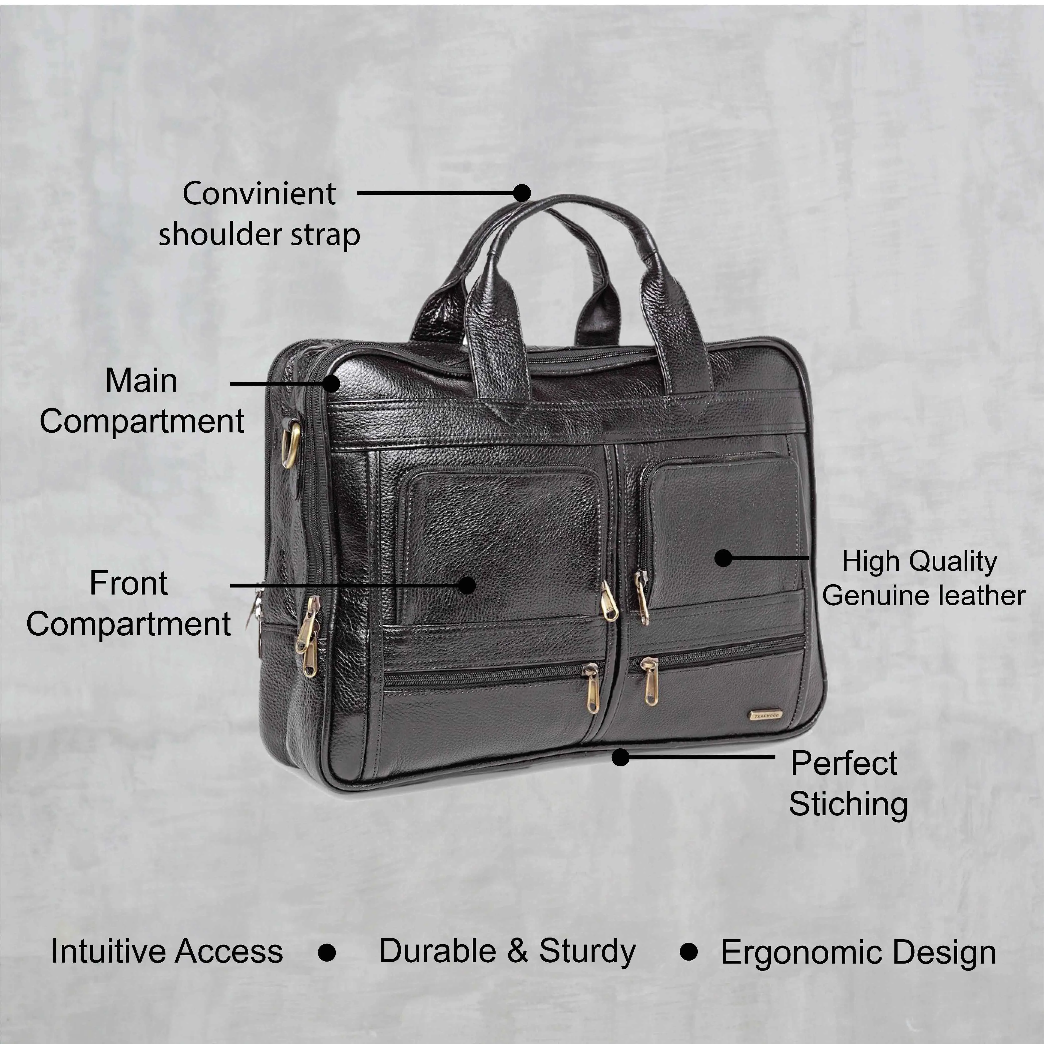Teakwood Genuine Leather Laptop Bag - Black